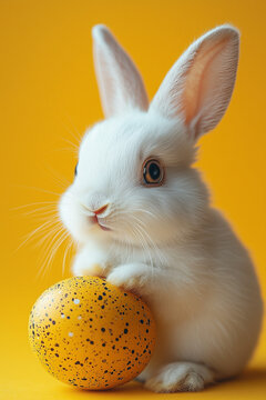 Minimal Easter wallpaper with a white rabbit holding a yellow Easter egg  against a yellow background. Close up.	