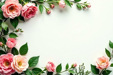 Fototapeta premium Lush greenery and vibrant flowers create an elegant floral border on a light background ideal for wedding invitations and romantic designs, wedding invitations, light background