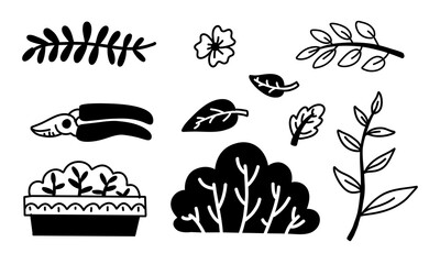 set of garden bushes, leaves, pruning shears. Plant care. Spring, garden. Isolated illustration on white. Monochrome illustration in form of flat doodles. set tools for the garden. Branches of plants