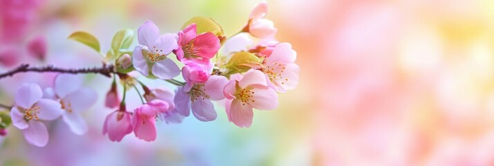 Branch with soft pink, white flowers, some blooming and buds. Tiny yellow stamens in center of each petal. Background is a dreamy blur of pastel pink, blue, yellow. Calm, fresh, full of spring warmth.
