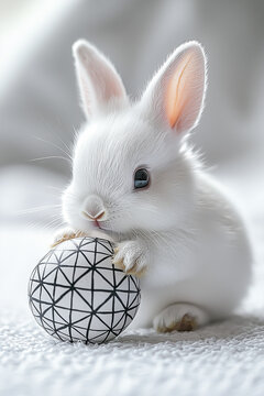 A cute and fluffy white bunny holding an Easter egg with white and black geometric patterns on white background. Cute pet wallpaper. Minimal Easter day theme.	