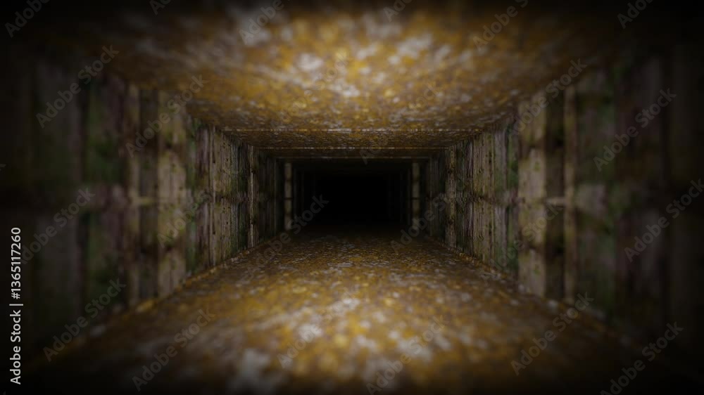 Poster endless forward movement inside a rectangular tunnel with the texture of an old stone wall with crac