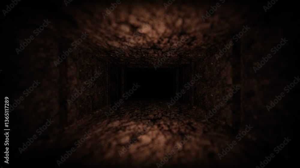 Poster endless forward movement inside a rectangular tunnel with dug earth texture. 3d render looped animat