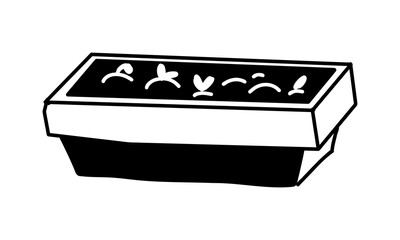 Micro greenery sprouts in flower pot. Illustration of flat doodle monochrome drawing. An elongated flowerpot. separate subject of botany at home. Ideal for use in projects related ecology, gardening