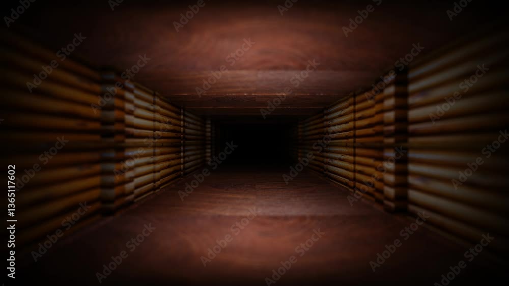 Aufkleber endless forward movement inside a rectangular tunnel with dark old wood texture. 3d render looped an