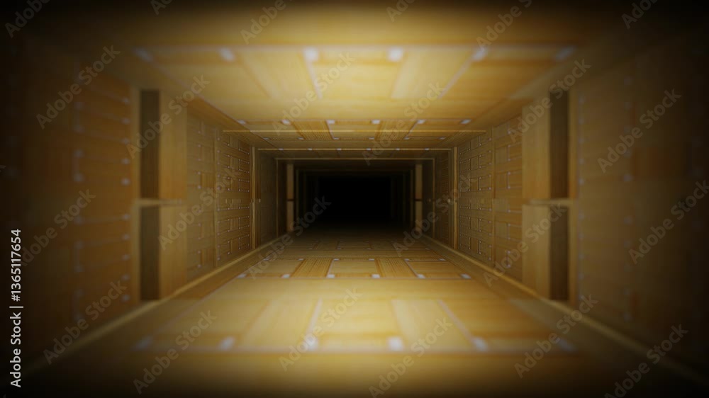 Poster endless forward movement inside a rectangular tunnel with a texture of crossed light wooden planks. 