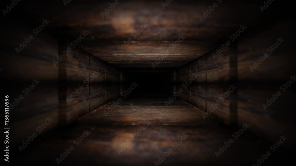 Poster endless forward movement inside a rectangular tunnel with dark old wood texture. 3d render looped an