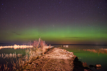 Aurora borealis glows in green and purple over a peaceful lake at night, with a rocky path, pier,...