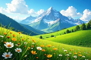 Rolling hills with blooming meadows, snowcapped mountain peaks, blue sky, clouds, springtime,  blooming,  rolling hills