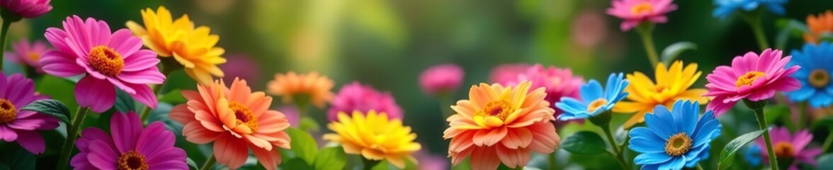Multicolored flowers in full bloom in a vibrant garden setting with shades of pink, purple, yellow, and blue,  blue,  purple