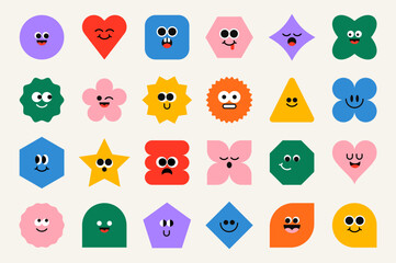 Geometric shapes with cute faces. Funny geometrical figures. Set of basic forms with eyes and mouth. Isolated flat vector illustration.