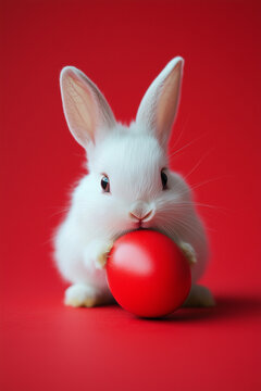 A white rabbit holding a red Easter egg, on a red background. Cute and funny Easter poster. Close up	