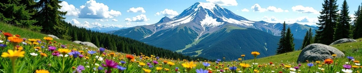 Landscape of Mount Rainier with wildflowers, rocks, and trees under the Cascade Mountain Range backdrop,  trees,  Washington