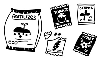 set of fertilizers and seeds in package. Isolated illustration on white. Monochrome illustration in form of flat doodles. set tools for transplanting indoor plants. set of garden elements and fixtures