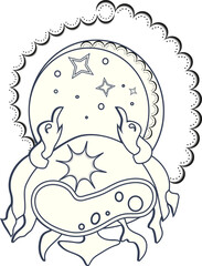 Mythological creatures looking at the stars and the vault of the sky are reminiscent of ancient Russian paintings of the 11th-13th centuries.