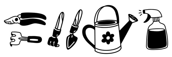 set of garden maintenance items. Spring, garden. Isolated illustration on white. Monochrome illustration in the form of flat doodles. a set of tools for the garden. Planting, watering, and grooming