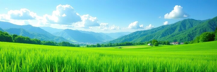 Lush green fields of crops in the Japanese countryside, surrounded by mountains and under a clear blue sky in summer,  landscapes,  crops
