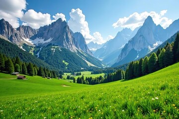Obraz premium Lush green fields surrounded by majestic Dolomites mountains in Funes Valley, Italy, green, travel