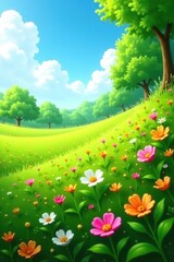 Fototapeta premium Lush green field with colorful blooming flowers under a bright summer sky, colorful, landscape