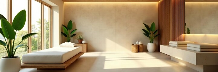 Minimalist spa room with neutral tones, wooden accents, green plants, and soft lighting for relaxation,  serene,  health