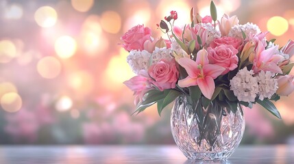 A lush bouquet of roses, lilies, and tulips in a crystal vase, highly detailed petals, soft bokeh lighting, ultra-realistic water reflections