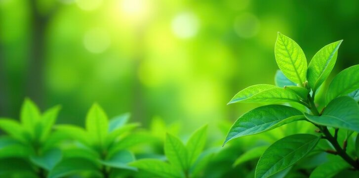 Lush green foliage set against blurred abstract bokeh, representing fresh springtime renewal,  season,  green
