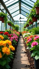Large greenhouse full of vibrant flowers and plants available for purchase at a plant nursery,  colorful,  nursery
