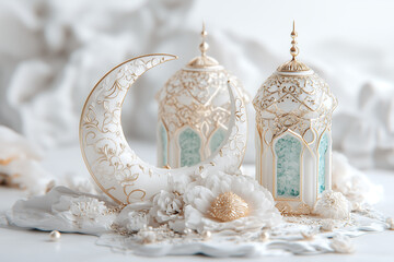 Fototapeta premium Close - up of Eid al - Fitr Exquisite Lantern: Glowing Crescent Moon Inside, Warm Bokeh Lights in the Background