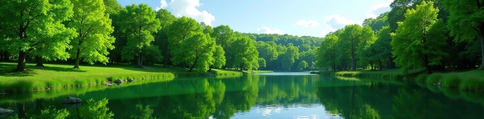 Fototapeta premium Lush green forest surrounding a serene pond reflecting the blue sky on a sunny spring day, landscape, lush