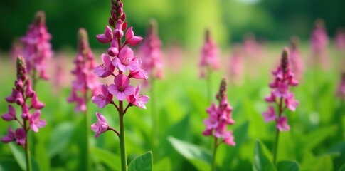 Obraz premium Larkspur flowers blooming in the field surrounded by lush green leaves, spring, nature