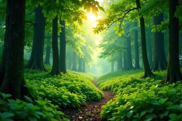 Obraz premium Lush green forest with sunlight filtering through dense foliage, creating a serene and peaceful atmosphere, green, sunlight