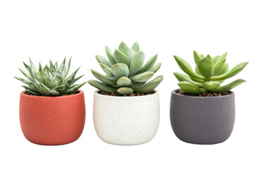 Trio of succulents in colorful pots on white background, cut out