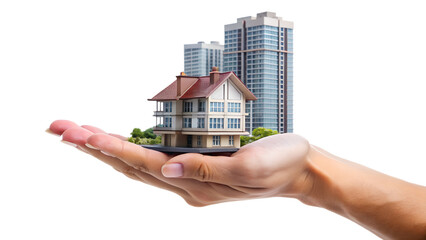 a hand holding a house and building isolated on transparent background, real estate concept