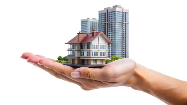 a hand holding a house and building isolated on transparent background, real estate concept