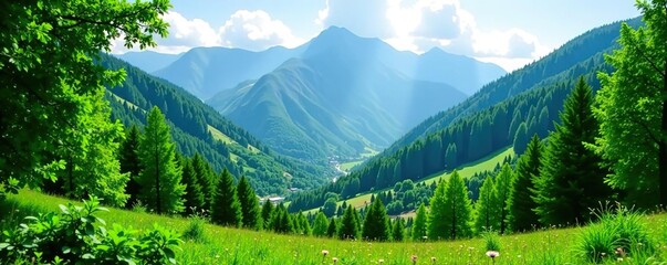 Lush green forest with Taunus mountains in the background, serene nature scene,  forest, woodland