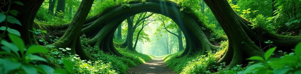 Obraz premium Natural archway formed by intertwined branches in a lush forest setting, creating a magical and enchanting tunnel of greenery, branches, nature