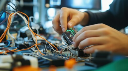 A cybernetic designer creating brain machine interfaces for neurological rehabilitation, lab with brainwave monitoring systems, neural interfaces