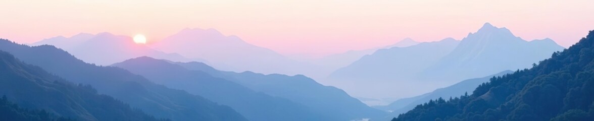 Layered mountain landscapes with soft pastel tones, creating a serene and tranquil atmosphere,  tranquil,  beauty