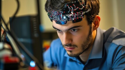 A cybernetic researcher developing brain computer interfaces for cognitive enhancement, lab with neural interfaces, EEG systems