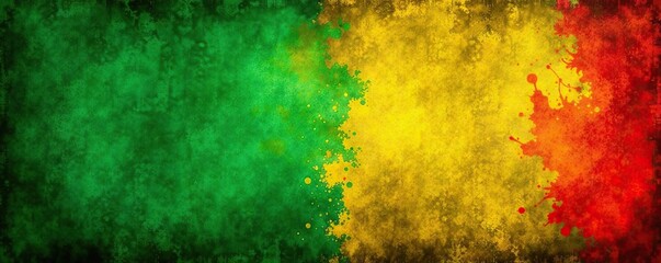 Grunge background in reggae colors of green, yellow, and red, with distressed textures and rough edges,  green, grunge