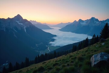 Obraz premium Layered mountains with dark blue landscape, sunset, foggy Swiss valley, forest, and traveler exploring Austrian Alps, mountains, traveler
