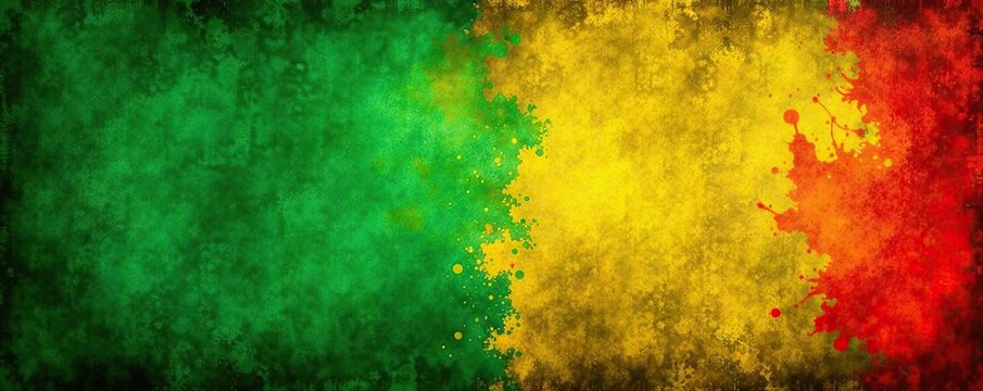 Grunge background in reggae colors of green, yellow, and red, with distressed textures and rough edges,  green, grunge