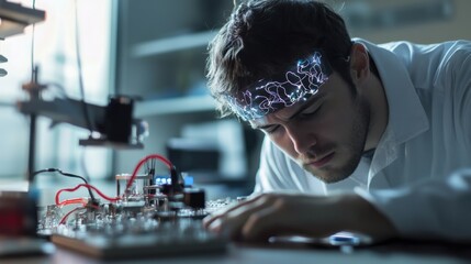 A cyberneticist developing advanced brain machine interfaces for controlling smart devices, laboratory with neural interfaces, brainwave sensors