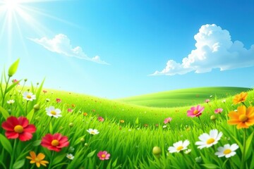 Fototapeta premium Lush green grass field with colorful blooming flowers under a clear blue sky, serene, Spring