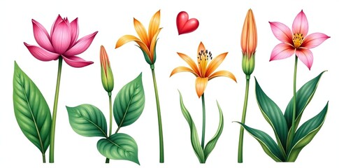 Fototapeta premium Set of tropical flowers including cardamom, lotus, lily, tillandsia succulent, isolated on white background, in a watercolor botanical illustration style, watercolor, lily