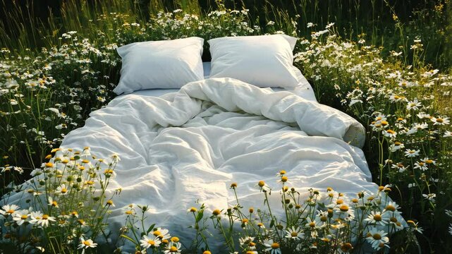 A bed surrounded by blooming flowers in a meadow, covered with fresh white sheets