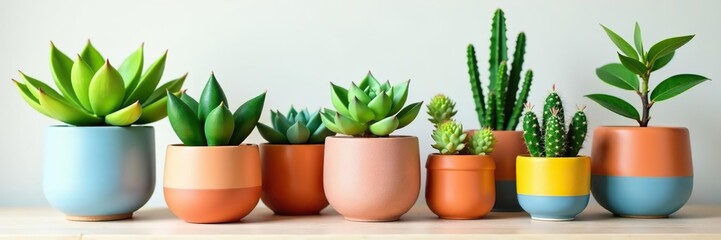 Set of various plants in colorful ceramic pots for home decoration, including succulents, cacti, and ferns,  potted plants,  decoration