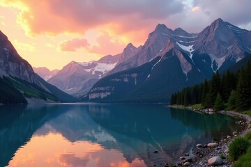 Majestic mountain range overlooking a tranquil lake at sunset,  lake, scenic