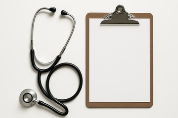 Medical tools ready for evaluation in an office setting with a stethoscope and clipboard