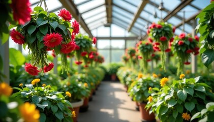 Lush hanging flowering plants in full bloom inside a vibrant greenhouse,  growth,  greenery
